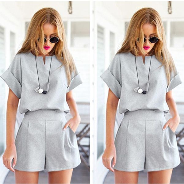

casual cotton linen two piece sets women summer v-neck short sleeve and shorts female office suits set women's costumes, Gray