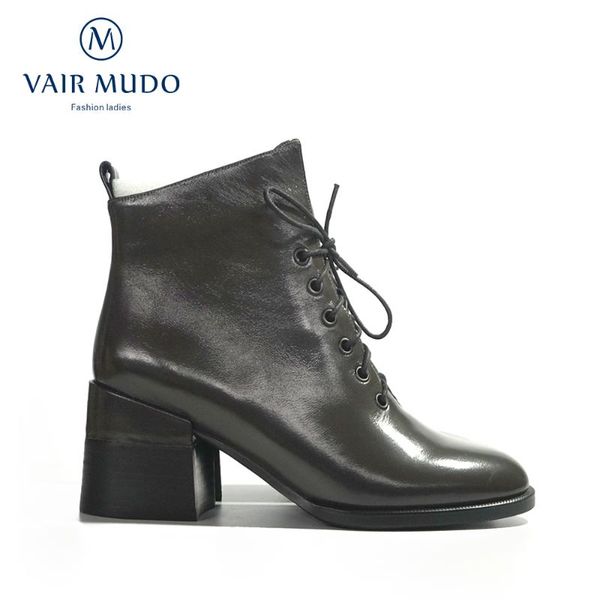 

vair mudo bootle boots обувь женщины толстые каблуки патентная кожа круглый носок женщины ботинки обувь мода высокое качество зеленый теплый, Black