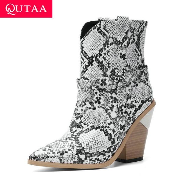 

boots qutaa 2021 snakeskin pu leather autumn winter fashion ankle pointed toe square high heel slip on women shoes size 34-43, Black