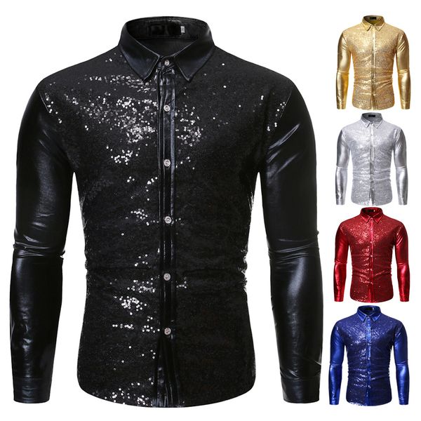 

red metallic sequins glitter shirt men new disco party halloween costume homme stage performance shirt male, White;black