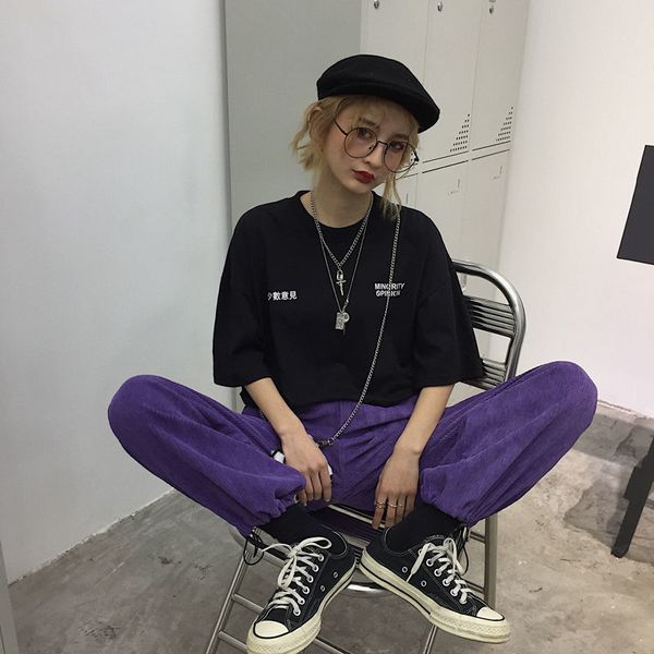 

drawstring purple wide leg pants baggy women high waist pants harajuku korean fashion trouser women streetwear hip hop joggers 201113, Black;white