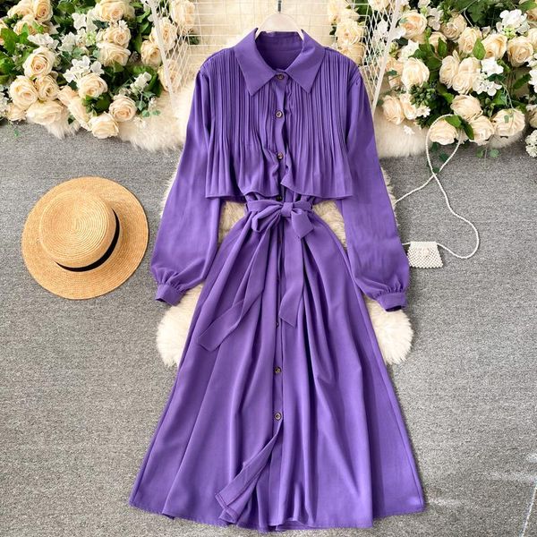 

singrain women korean button dress turn down collar puff sleeve a line dress autumn casual elegant solid ruffle midi long, Black;gray