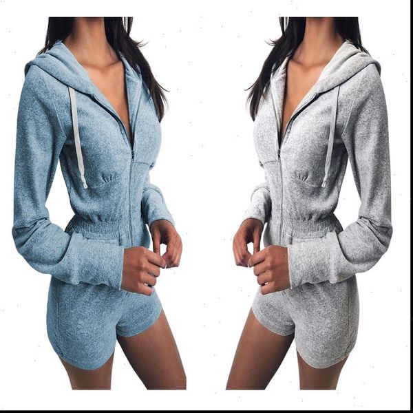 

women long sleeve hooded zip up playsuit solid color rompers ladies high waist elastic jumpsuit drop shipping, Black;white