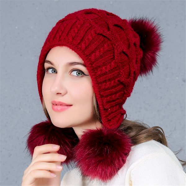 

new women hats autumn winter wool beanies hat three hair ball back open knit hat double thick hats bonnet beanie cap, Blue;gray