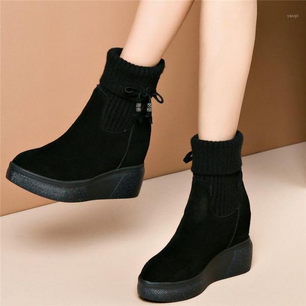 

boots fashion sneakers women genuine leather wedges high heel snow female knitting winter warm fur platform pumps shoes1, Black