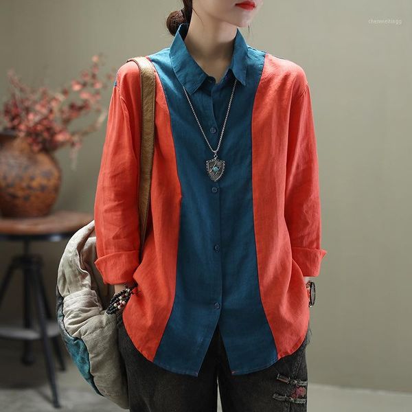 

pure linen shirt women's spring new contrasting color stitching artistic lapel long sleeve loose, White