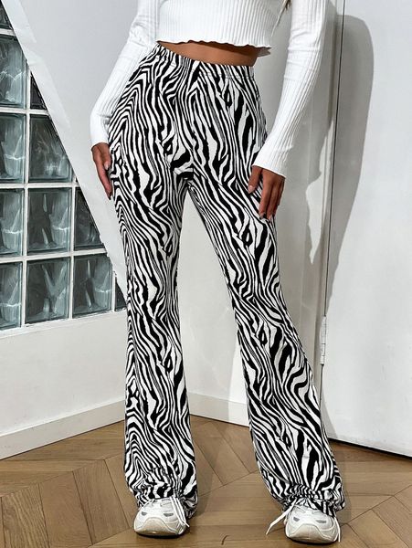 

zebra striped high waist flare leg pants b5m4#, Black;white
