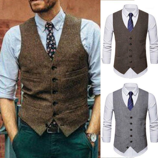 

mens tweed waistcoat wool vintage vests herringbone notch lapel retro slim m-2xl1, Black;white