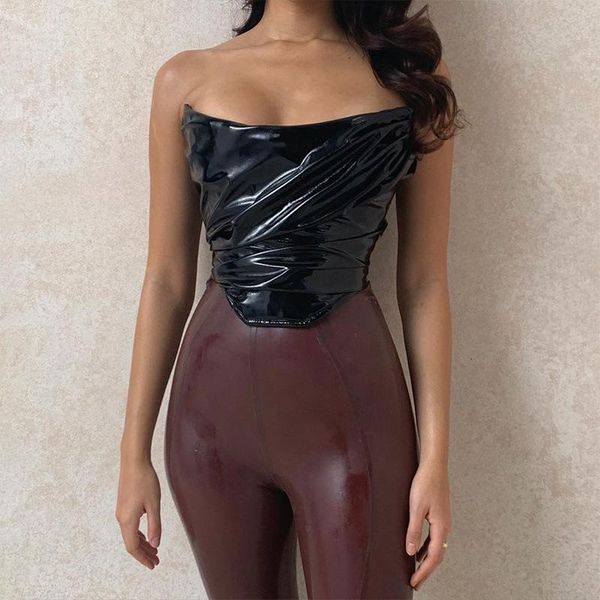 

2021 pu black patent boned corset crop women sleeveless backless ruched strapless cami crop club party clothes, White