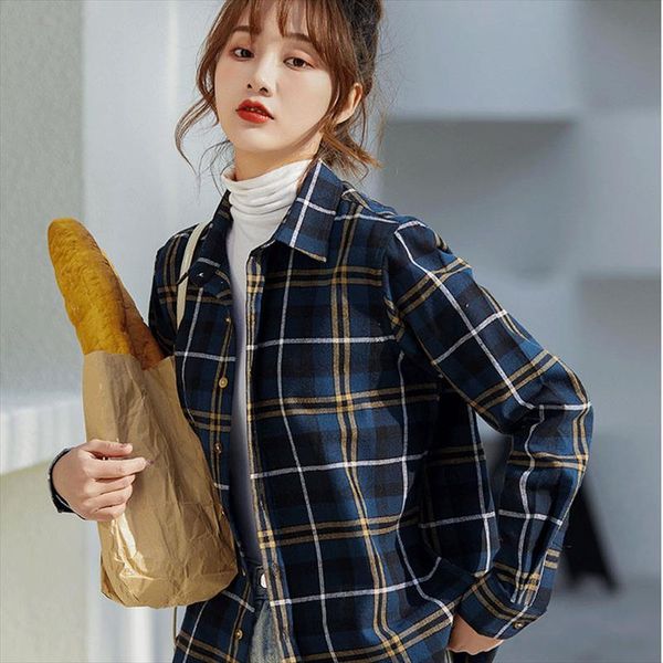 

fashion ladies plaid shirt long sleeve women embroidered shirt pure cotton flannel blouse women shirts, White