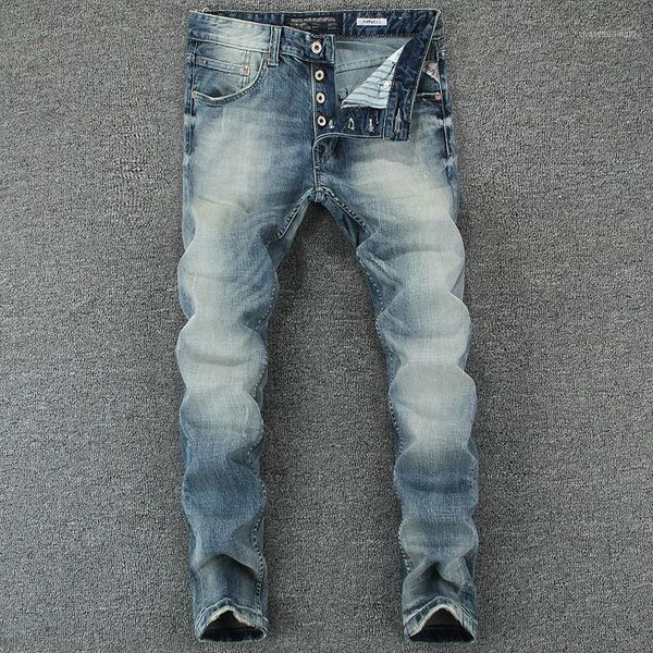 

italian style fashion men jeans retro light blue classical buttons pants vintage slim jeans men little elastic designer1