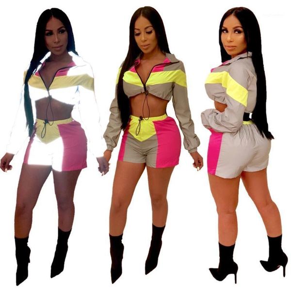 

2020 new color patchwork reflective two piece set women night version tracksuit zipper long sleeve short jacket shorts clubwear1, Gray