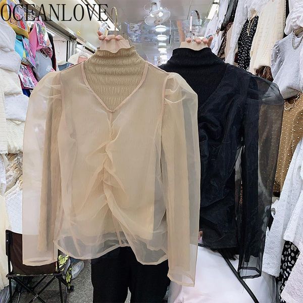 

women's t-shirt oceanlove t shirt women spring turtleneck 2021 2 pcs fashion mujer camisetas solid retro elegant 19717, White