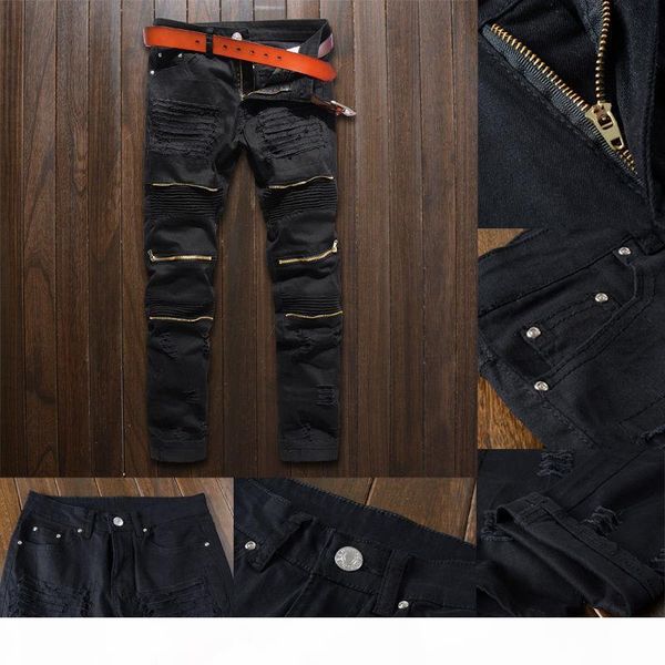 

classic slim mens jeans men clothing fit straight biker ripper zipper full length men's pants casual pants size 36 34 32, Blue