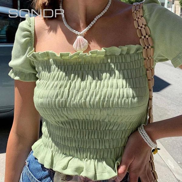 

women's t-shirt 2021 women wood knitted elastic flower bud sleeves short slim summer1, White