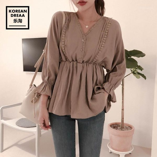 

retro high waist elastic v neck blouse lace patchwork vintage lady shirt women ruffles chemise femme blusa mujer1, White