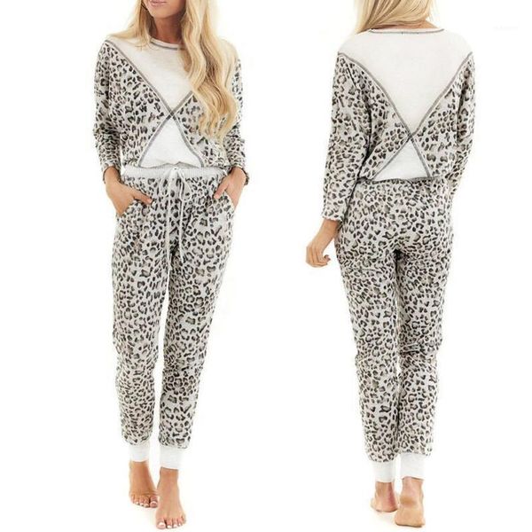 

women ladies autumn wear set o-neck casual home leopard print splicing long sleeves 2 piece sports suit tracksuit clothes1, Gray