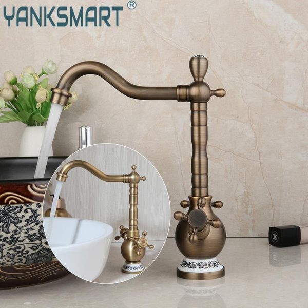 

bathroom sink faucets yanksmart antique brass faucet dual handle basin swivel deck mount ceramic base washbasin mixer water tap