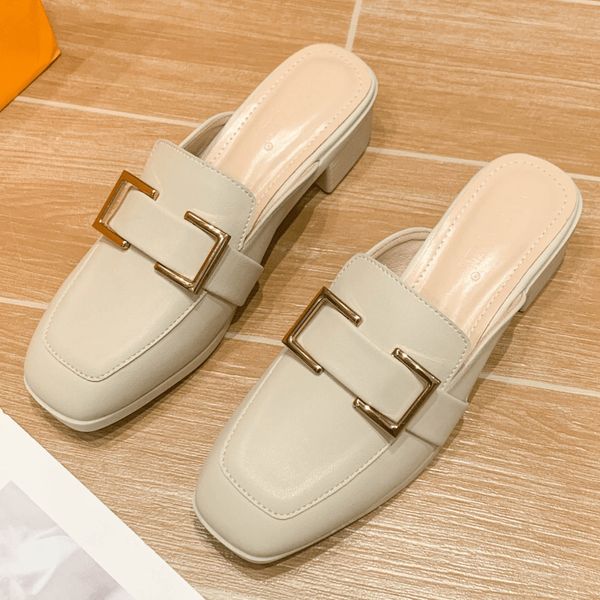 

2021 new mueller soft leather shoes women's slippers wear square head thick with wild sandals 3k7r, Black