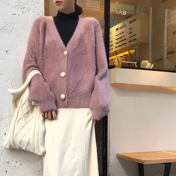 

women's clothes imitation mink wool with cleavage v jacket cardigan white short 2020 korean spring unique breasted casual soft solid, White;black
