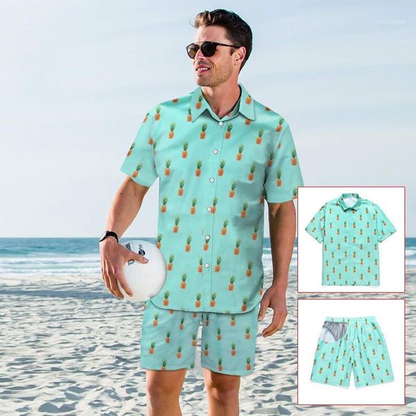 

new summer 3d pineapple print men loose hawaiian shirt+beach shorts set 2020 button down short sleeve party holiday shirt suits1, Gray
