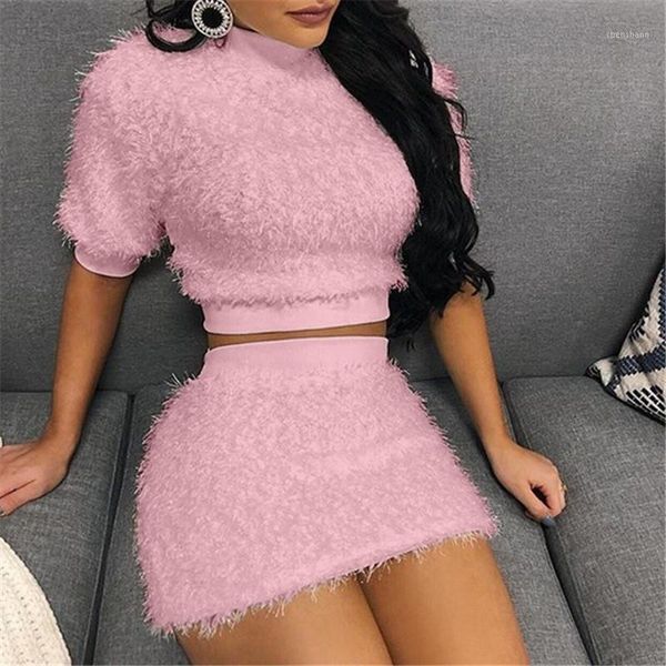 

women's tracksuits plush two piece set women autumn winter warmer clothes 2021 ladies crop o neck t shirts+ mini skirts club outfits1, Gray