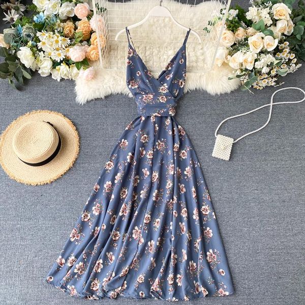 

women summer korean chiffon floral dress v neck bow backless a line dress vacation beach print long sundress 2020, Black;gray