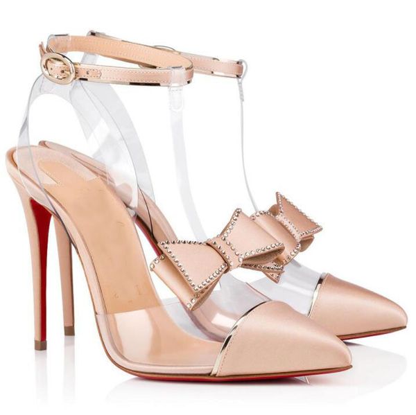 

luxury summer ladies high heels t-quality red bottom naked bow satin pointed toe women's slingback dress,party,wedding gladiator sandal, Black