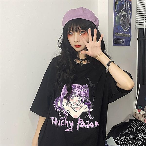 

punk gothic casual loose cartoon print summer ulzzang harajuku vintage streetwear japan chic cute black cotton women t shirt, White
