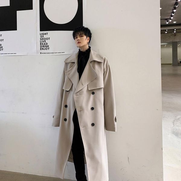 

ewq / men's wear niche design classic double-breasted thickness windbreaker for male 2020 autumn winter long trench coat 9y3729, Tan;black