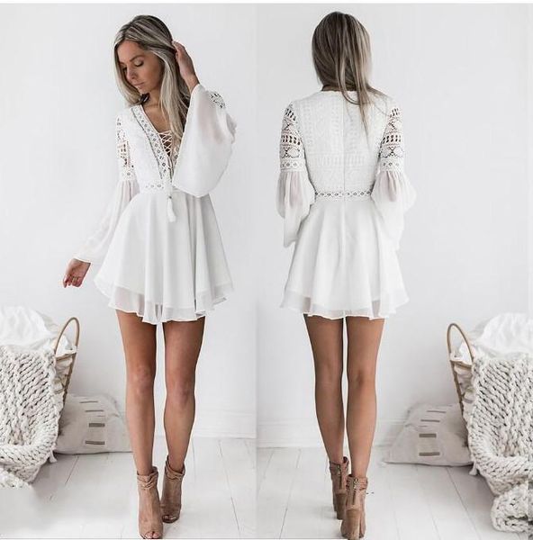 

yoga outfits hollow out chiffon dress women mini cross bandage lace semi-sheer plunge v-neck long sleeve black/white, White;red