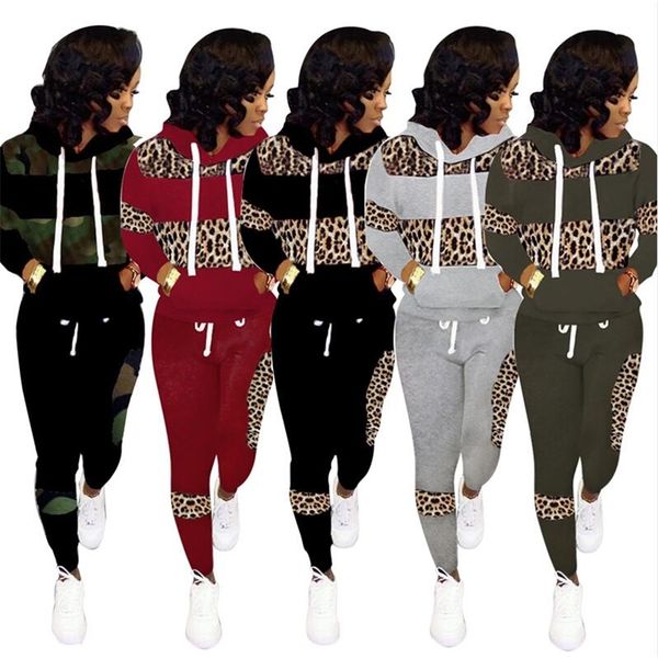 

women camo leopard printed tracksuit winter sportswear drawstring hooded hoodies legging pants two piece outfits casual clothing e122105, White