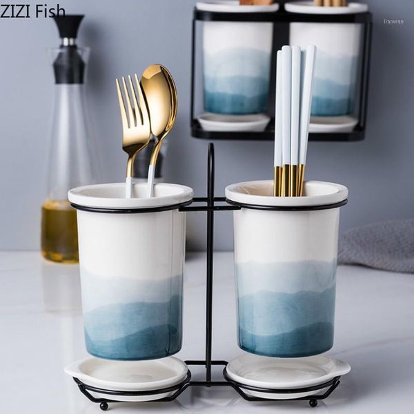 

gradient color ceramic chopsticks storage rack chopsticks barrel tableware draining rack storage box kitchen accessories1