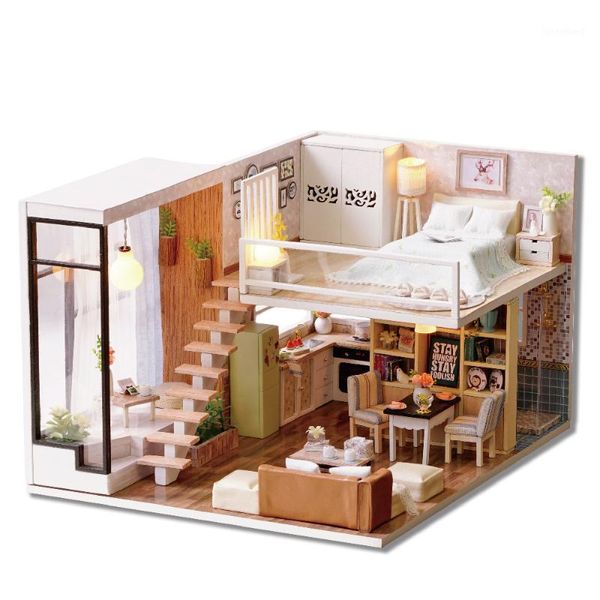 

wholesale- wooden miniature diy doll house toy assemble kits 3d miniature dollhouse toys with furniture lights for birthday gift l0201