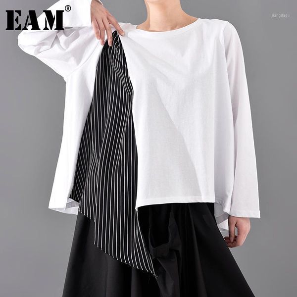 

eam] women white asymmetrical striped big size t-shirt new round neck long sleeve fashion tide spring autumn 2020 1t8281