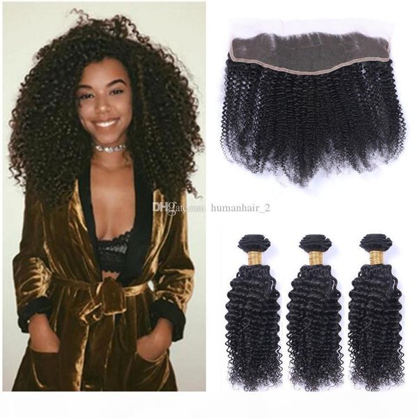 

afro kinky lace frontal closure with bundles 8a grade brazilian human hair weaves with lace frontal afro kinky curly hair bundles, Black;brown
