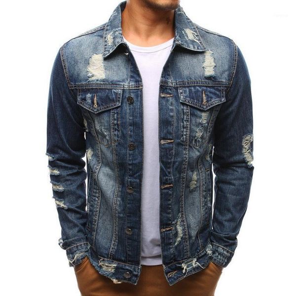 

new 2021 denim jacket men casual solid color destroyed hole washed jeans jacket men autumn slim fit quality mens jackets1, Black;brown