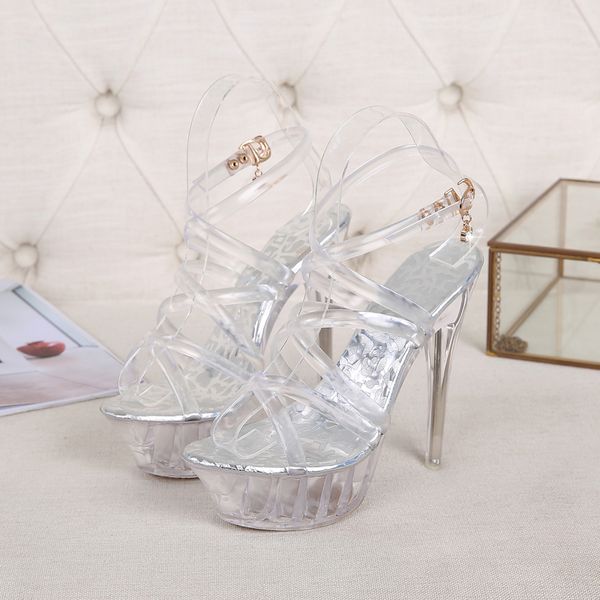 

2021 female summer because transparent sandals two high heels four inches crystal platform luxury fetish prom plus size stiletto irz3, Black