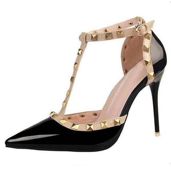 

pumps 2021 women's shoes summer fashion female sandals rivet metal decoration pu leather style women high heels, Black
