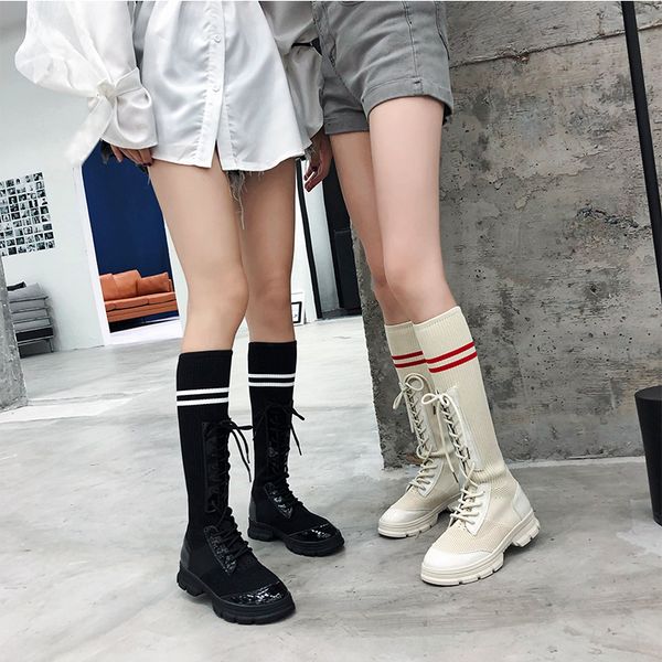 

fashion elastic winter knee high boots female stretch socks designer lace-up thick heel long booties black white