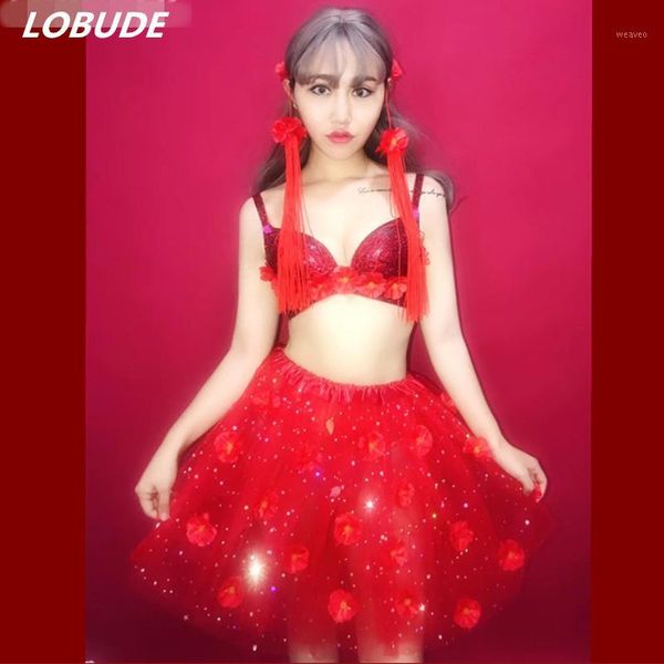 

female red crystals bra flower skirt costume model catwalk rhinestones bikini party dancing dj singer dance clothes stage wear1, Black;red