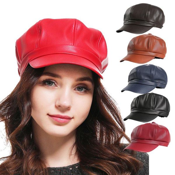 

stingy brim hats x 2021 solid color pu leather octagonal cap ladies british retro casual fashion painter outdoor *, Blue;gray