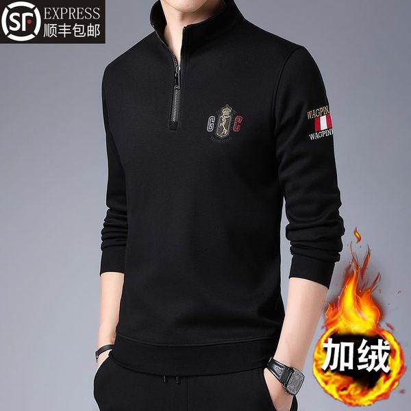 

cashmere thickened high neck men's autumn half zipper standing collar no hat hoodless sweater warm winter, Black