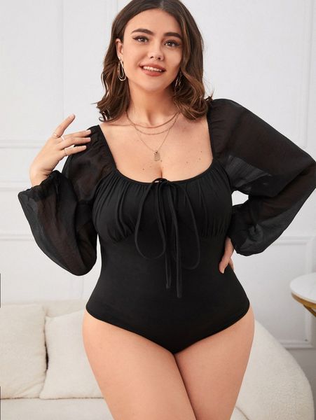 

plus scoop neck knot front ruched bust bishop sleeve bodysuit 24ly#, Black