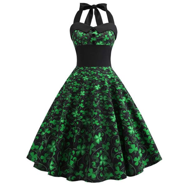 

women's new summer 2019 clover print hepburn 50s patchwork neck dress, Black;gray
