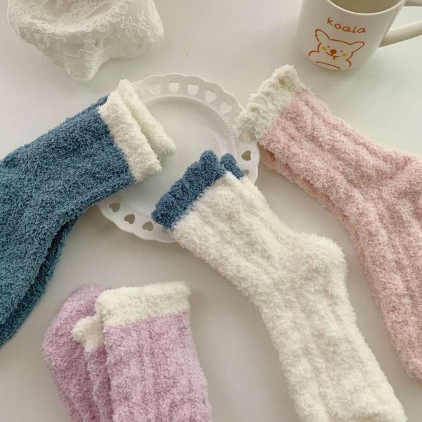 

coral cashmere children's middle tube autumn and winter plush thickening warm sleep month retail home floor body stocking cartoon socks, Black;white