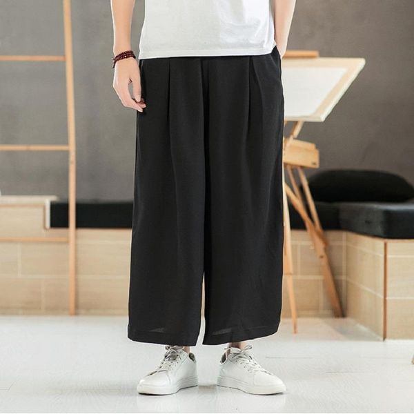 

wide-legged pants men 2020 new fashion casual pants loose tide cotton and linen trousers chinese style streetwear trousers, Black