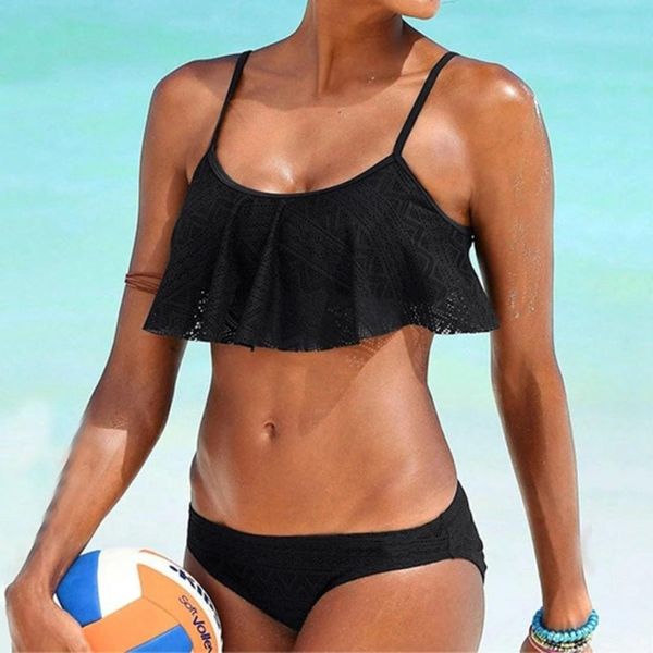 

solid color lace-up ruffle split bikini swimsuit sizexl, White;black