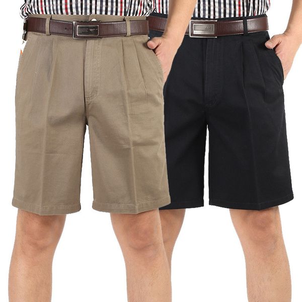 

men's new summer double-pleated cotton high-waisted fve-point thin mid-aged shorts more size 30-46 70ui, White;black