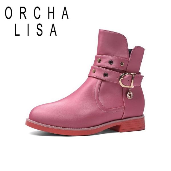 

orcha lisa woman ankle boots round toe square heel zipper belt buckles rivets small size 26-39 casual party winter c1731, Black